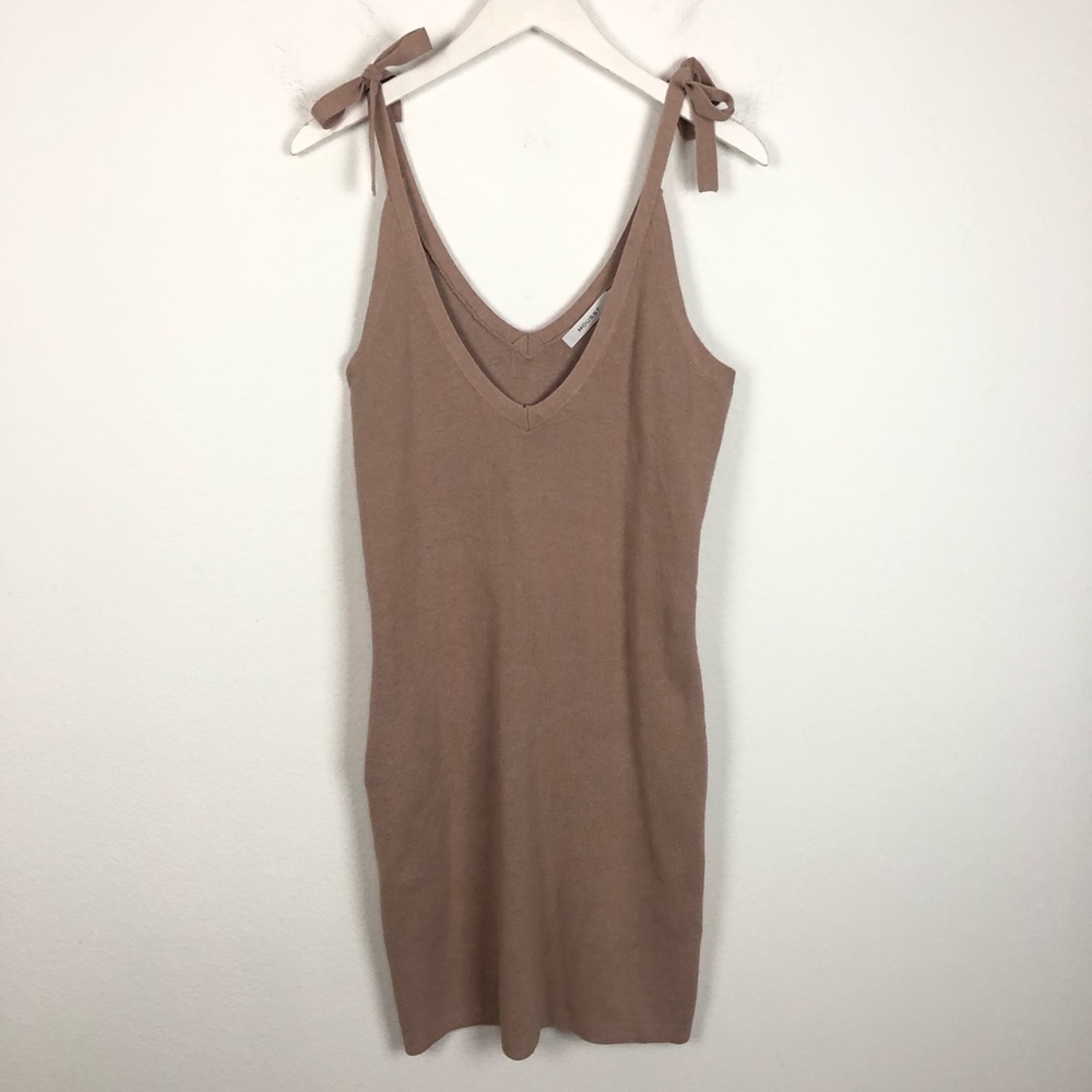 Moussy knit tie spaghetti strap mauve midi dress